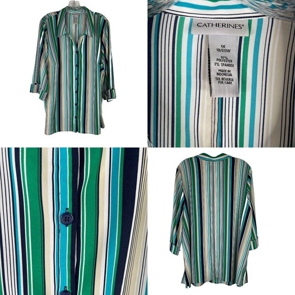 Catherines Top Button Up Shirt Womens Plus Size 1X Striped Blouse 3/4 Sleeve - Picture 1 of 10